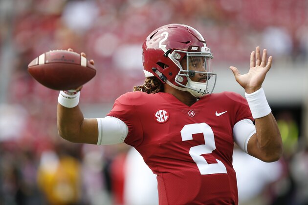Alabama quarterback Jalen Hurts warms up before an NCAA college football game against Tennessee, Saturday, Oct. 21, 2017, in Tuscaloosa, Ala. (AP Photo/Brynn Anderson)