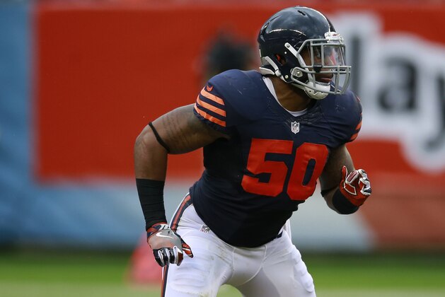 Chicago Bears inside linebacker Jerrell Freeman (50) chases down the ball against the Detroit Lions during an NFL football game, Sunday, Oct. 2, 2016, in Chicago.    (Jeff Haynes/AP Images for Panini)