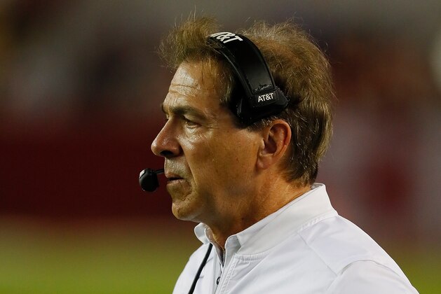 TUSCALOOSA, AL - OCTOBER 14:  Head coach Nick Saban of the Alabama Crimson Tide reacts during the game against the Arkansas Razorbacks at Bryant-Denny Stadium on October 14, 2017 in Tuscaloosa, Alabama.  (Photo by Kevin C. Cox/Getty Images)
