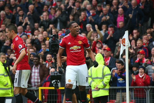 MANCHESTER, UNITED KINGDOM - OCTOBER 28:  Anthony Martial of Manchester United celebrates scoring his sides first goal during the Premier League match between Manchester United and Tottenham Hotspur at Old Trafford on October 28, 2017 in Manchester, England.  (Photo by Alex Livesey/Getty Images)