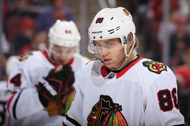 GLENDALE, AZ - OCTOBER 21:  Patrick Kane #88 of the Chicago Blackhawks during the NHL game against the Arizona Coyotes at Gila River Arena on October 21, 2017 in Glendale, Arizona. The Blackhawks defeated the Coyotes 4-2.  (Photo by Christian Petersen/Getty Images)