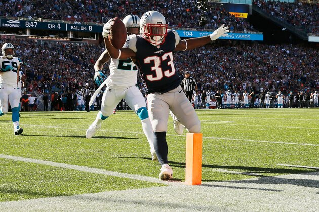 FOXBORO, MA - OCTOBER 01: Dion Lewis #33 of the New England Patriots scores a touchdown during the fourth quarter against the Carolina Panthers at Gillette Stadium on October 1, 2017 in Foxboro, Massachusetts. (Photo by Jim Rogash/Getty Images) FOXBORO, MA - OCTOBER 01: Dion Lewis #33 of the New England Patriots scores a touchdown during the fourth quarter against the Carolina Panthers at Gillette Stadium on October 1, 2017 in Foxboro, Massachusetts. (Photo by Jim Rogash/Getty Images)