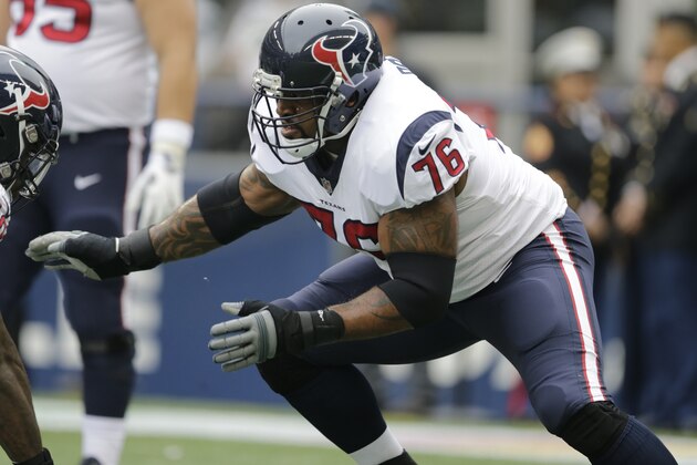 Houston Texans tackle Duane Brown on the field before an NFL football game against the Seattle Seahawks, Sunday, Oct. 29, 2017, in Seattle. (AP Photo/Stephen Brashear)