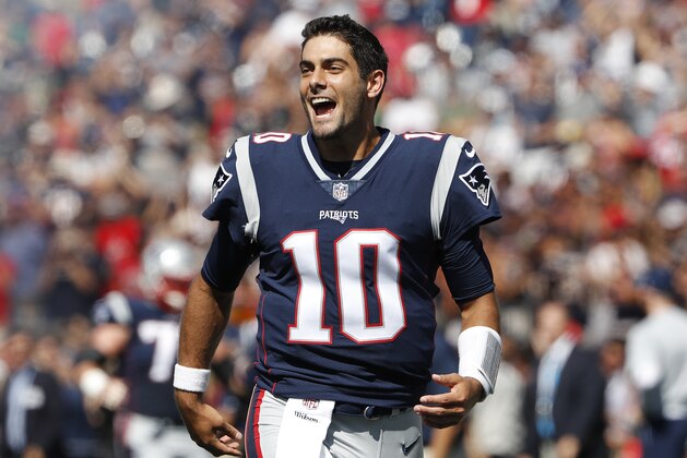 New England Patriots quarterback Jimmy Garoppolo takes the field before an NFL football game against the Houston Texans at Gillette Stadium in Foxborough, Mass. Sunday, Sept. 24, 2017. (Winslow Townson/AP Images for Panini)
