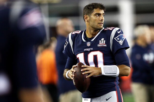 FOXBORO, MA - SEPTEMBER 7: Jimmy Garoppolo #10 looks on during the game against the Kansas City Chiefs at Gillette Stadium on September 7, 2017 in Foxboro, Massachusetts. (Photo by Maddie Meyer/Getty Images)