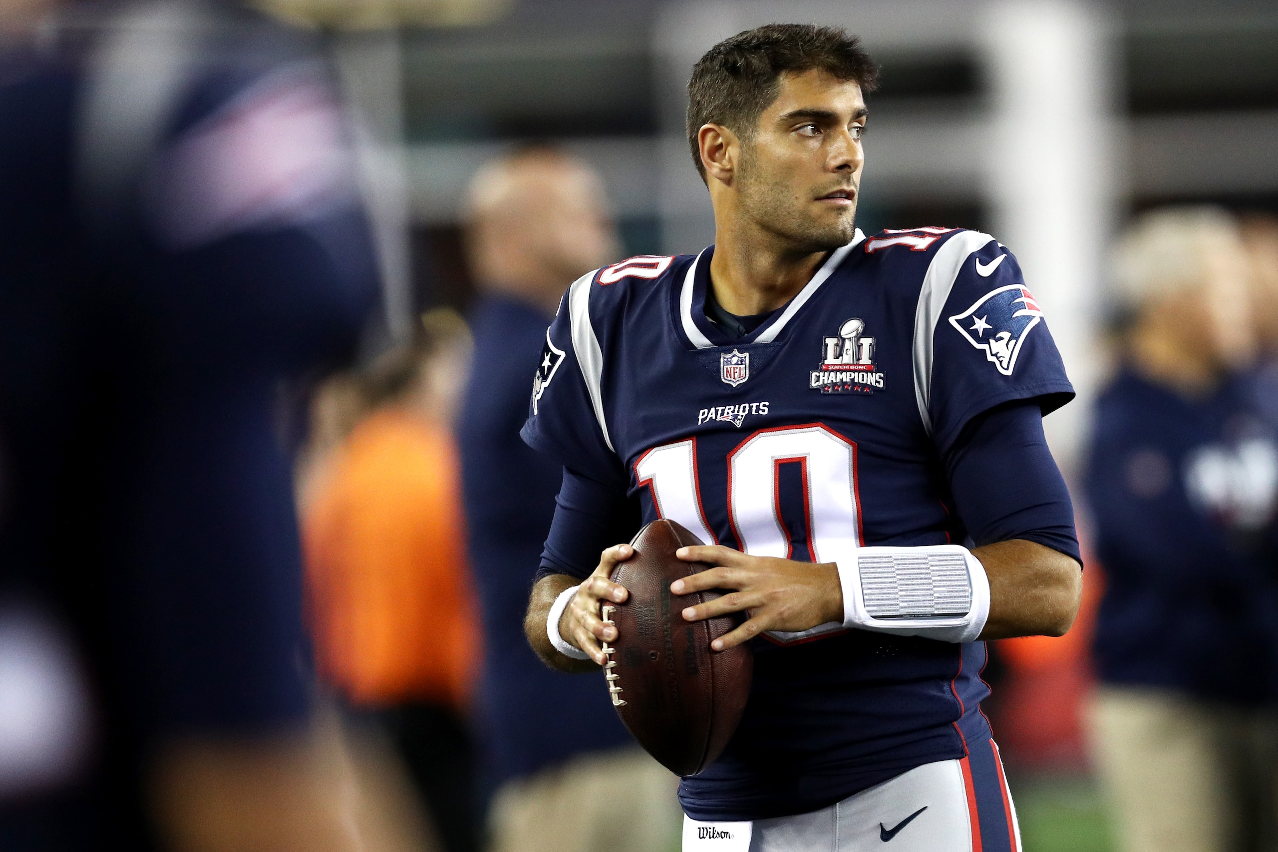 FOXBORO, MA - SEPTEMBER 7: Jimmy Garoppolo #10 looks on during the game against the Kansas City Chiefs at Gillette Stadium on September 7, 2017 in Foxboro, Massachusetts. (Photo by Maddie Meyer/Getty Images)