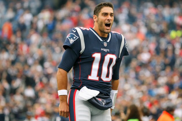 FOXBORO, MA - OCTOBER 29:  Jimmy Garoppolo #10 of the New England Patriots reacts before a game against the Los Angeles Chargers at Gillette Stadium on October 29, 2017 in Foxboro, Massachusetts.  (Photo by Jim Rogash/Getty Images)