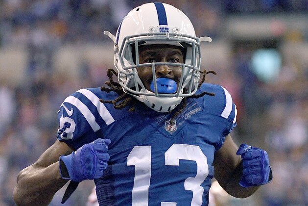INDIANAPOLIS, IN - OCTOBER 08: T.Y. Hilton #13 of the Indianapolis Colts celebrates after catching a pass in overtime during the game between the Indianapolis Colts and the San Francisco 49ers at Lucas Oil Stadium on October 8, 2017 in Indianapolis, Indiana.  (Photo by Bobby Ellis/Getty Images)