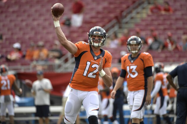Denver Broncos quarterback Paxton Lynch (12) and quarterback Trevor Siemian (13) warm up before an NFL football game against the Tampa Bay Buccaneers in Tampa, Fla., Sunday, Oct. 2, 2016. (AP Photo/Phelan M. Ebenhack) Denver Broncos quarterback Paxton Lynch (12) and quarterback Trevor Siemian (13) warm up before an NFL football game against the Tampa Bay Buccaneers in Tampa, Fla., Sunday, Oct. 2, 2016. (AP Photo/Phelan M. Ebenhack)
