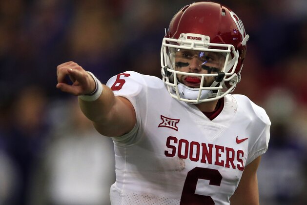 Oklahoma quarterback Baker Mayfield (6) during the second half of an NCAA college football game against Kansas State in Manhattan, Kan., Saturday, Oct. 21, 2017. Oklahoma defeated Kansas State 42-35. (AP Photo/Orlin Wagner)