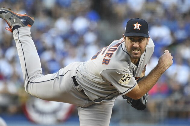 Houston Astros starting pitcher Justin Verlander throws during the first inning of Game 2 of baseball's World Series against the Los Angeles Dodgers Wednesday, Oct. 25, 2017, in Los Angeles. (AP Photo/Jayne Kamin-Oncea, Pool)