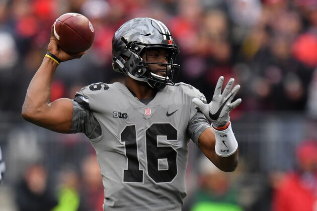 COLUMBUS, OH - OCTOBER 28:  Quarterback J.T. Barrett #16 of the Ohio State Buckeyes passes against the Penn State Nittany Lions at Ohio Stadium on October 28, 2017 in Columbus, Ohio. Ohio State defeated Penn Statte 39-38.  (Photo by Jamie Sabau/Getty Images)