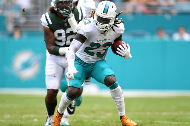 MIAMI GARDENS, FL - OCTOBER 22:  Jay Ajayi #23 of the Miami Dolphins rushes during a game against the New York Jets at Hard Rock Stadium on October 22, 2017 in Miami Gardens, Florida.  (Photo by Rob Foldy/Getty Images)