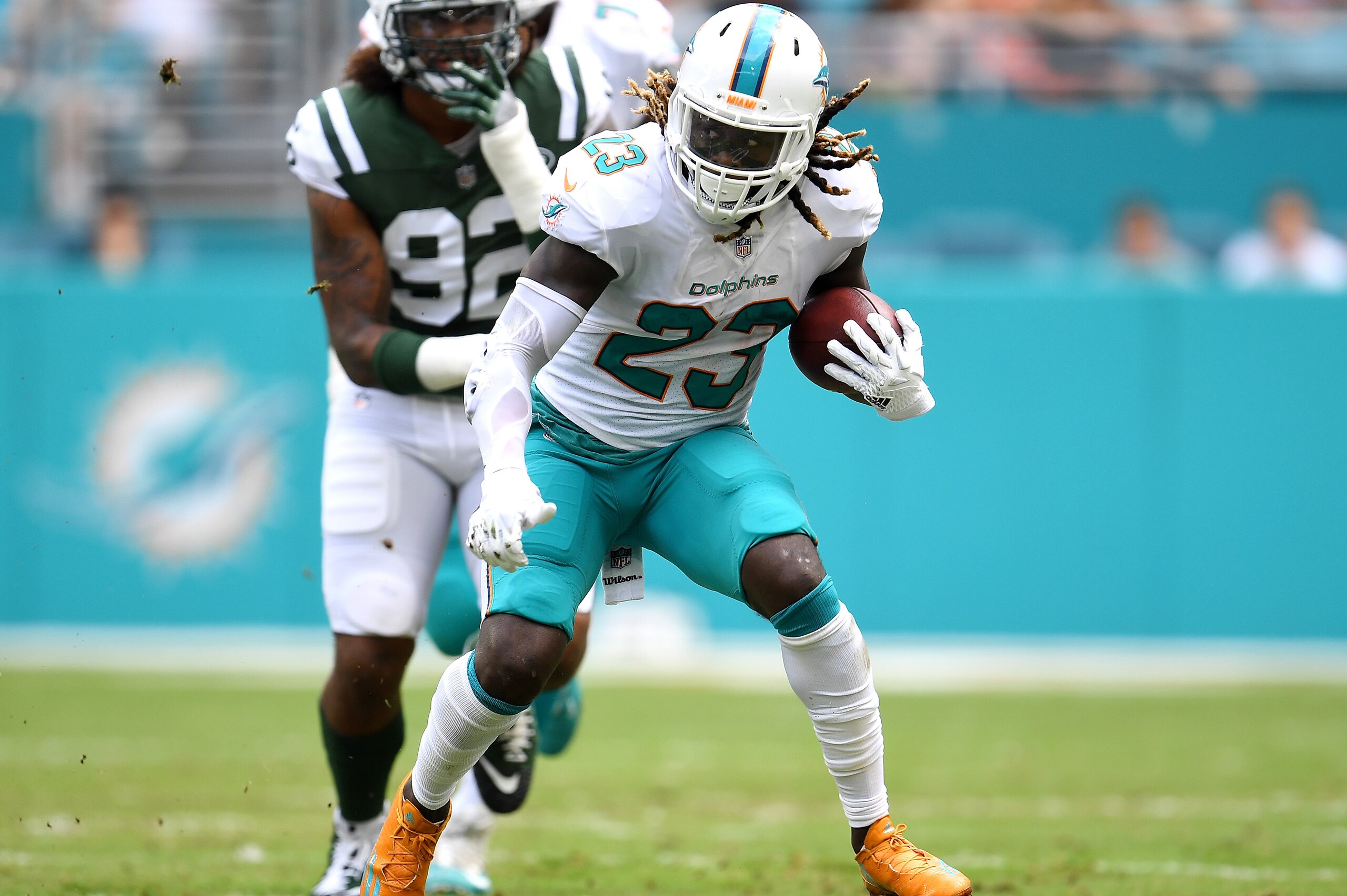 MIAMI GARDENS, FL - OCTOBER 22:  Jay Ajayi #23 of the Miami Dolphins rushes during a game against the New York Jets at Hard Rock Stadium on October 22, 2017 in Miami Gardens, Florida.  (Photo by Rob Foldy/Getty Images)