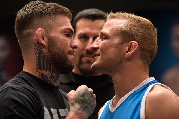 LAS VEGAS, NV - MARCH 01:  (L-R) UFC bantamweight champion Cody Garbrandt and TJ Dillashaw face off during the filming of The Ultimate Fighter: Redemption at the UFC TUF Gym on March1, 2017 in Las Vegas, Nevada. (Photo by Brandon Magnus/Zuffa LLC/Zuffa LLC via Getty Images)
