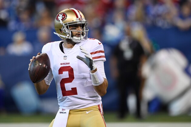 INDIANAPOLIS, IN - OCTOBER 08:  Brian Hoyer #2 of the San Francisco 49ers drops back to pass during the first quarter of a game against the Indianapolis Colts at Lucas Oil Stadium on October 8, 2017 in Indianapolis, Indiana.  (Photo by Stacy Revere/Getty Images)