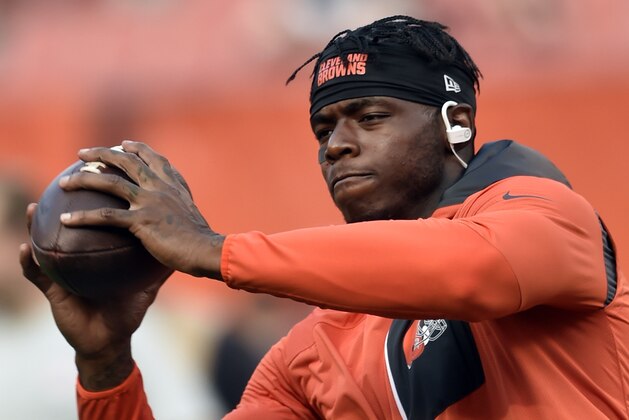 FILE - In this Sept. 1, 2016, file photo, Cleveland Browns wide receiver Josh Gordon warms up before an NFL preseason football game against the Chicago Bears in Cleveland. Revealing he was “scared for my life,” suspended Browns wide receiver Josh Gordon is making his case to be reinstated by the NFL. Gordon, who was indefinitely suspended by the league before the 2015 season following another violation of the league’s substance-abuse policy, detailed his life-long drug abuse, the depths of his addiction and determination to turn his life around in a video released Tuesday, Oct. 10, 2017,  on “Uninterrupted,” a media platform for athletes produced by NBA star LeBron James. (AP Photo/David Richard,  File)
