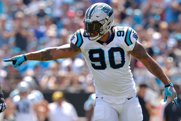 CHARLOTTE, NC - SEPTEMBER 17:  Julius Peppers #90 of the Carolina Panthers against the Buffalo Bills during their game at Bank of America Stadium on September 17, 2017 in Charlotte, North Carolina.  (Photo by Grant Halverson/Getty Images)