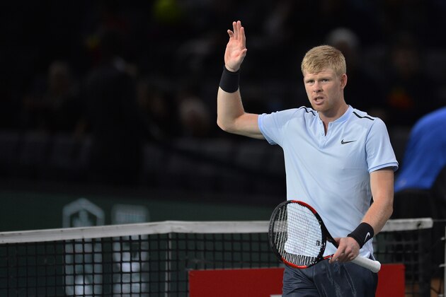 PARIS, FRANCE - OCTOBER 31:  Kyle Edmund of Great Britain reacts after winning the men's single first round match against Evgeny Donskoy of Russia during day two of the Rolex Paris Masters at AccorHotels Aren on October 31, 2017 in Paris, France.  (Photo by Aurelien Meunier/Getty Images)