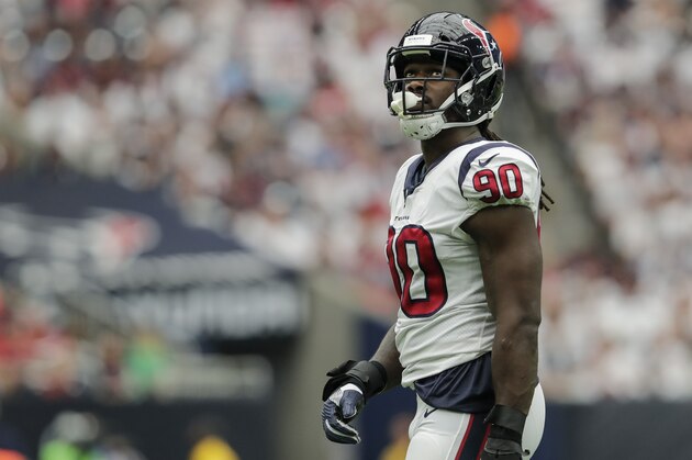 HOUSTON, TX - SEPTEMBER 10:  Jadeveon Clowney #90 of the Houston Texans watches the video board in the third quarter against the Jacksonville Jaguars at NRG Stadium on September 10, 2017 in Houston, Texas.  (Photo by Tim Warner/Getty Images)