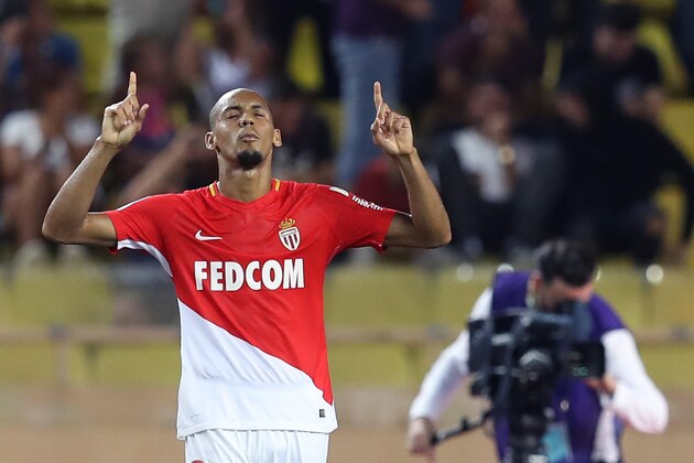 Monaco's Brazilian defender Fabinho celebrates after scoring a goal  during the French L1 football match between Monaco (ASM) and Marseille (OM) on August 27, 2017, at the Louis II Stadium in Monaco. / AFP PHOTO / VALERY HACHE        (Photo credit should read VALERY HACHE/AFP/Getty Images)
