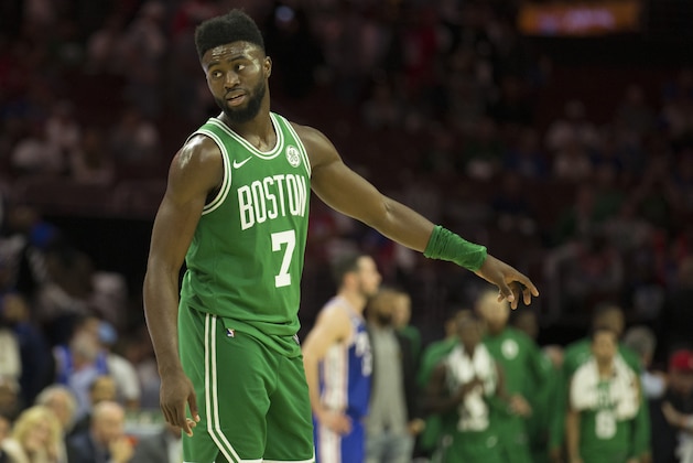 PHILADELPHIA, PA - OCTOBER 20: Jaylen Brown #7 of the Boston Celtics looks on against the Philadelphia 76ers at the Wells Fargo Center on October 20, 2017 in Philadelphia, Pennsylvania. NOTE TO USER: User expressly acknowledges and agrees that, by downloading and or using this photograph, User is consenting to the terms and conditions of the Getty Images License Agreement. (Photo by Mitchell Leff/Getty Images)