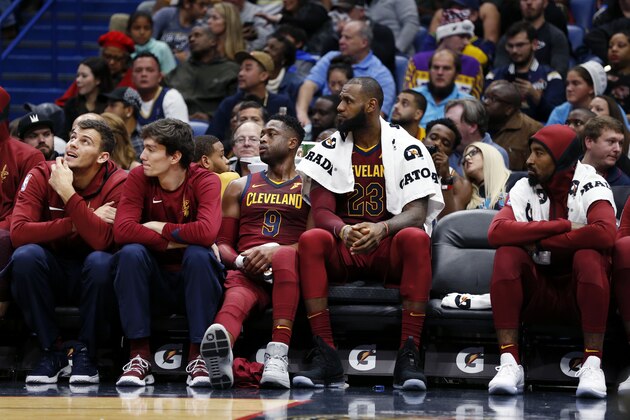 Cleveland Cavaliers forward LeBron James (23) watches from the bench in the second half of an NBA basketball game against the New Orleans Pelicans in New Orleans, Saturday, Oct. 28, 2017. The Pelicans won 123-101. (AP Photo/Gerald Herbert)