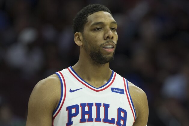 PHILADELPHIA, PA - OCTOBER 04: Jahlil Okafor #8 of the Philadelphia 76ers looks on during the preseason game against the Memphis Grizzlies at the Wells Fargo Center on October 4, 2017 in Philadelphia, Pennsylvania. NOTE TO USER: User expressly acknowledges and agrees that, by downloading and or using this photograph, User is consenting to the terms and conditions of the Getty Images License Agreement (Photo by Mitchell Leff/Getty Images)