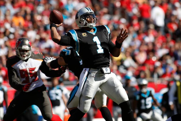TAMPA, FL - OCTOBER 29:  Quarterback Cam Newton #1 of the Carolina Panthers throws to an open receiver during the third quarter of an NFL football game against the Tampa Bay Buccaneers on October 29, 2017 at Raymond James Stadium in Tampa, Florida. (Photo by Brian Blanco/Getty Images)