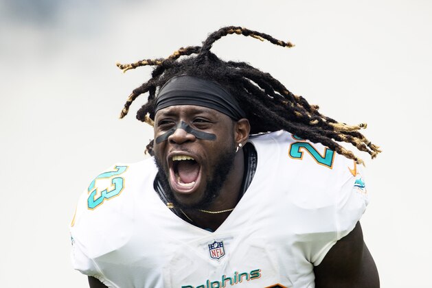 MIAMI GARDENS, FL - OCTOBER 22: Running back Jay Ajayi #23 of the Miami Dolphins enters the field before a NFL game against the New York Jets at Hard Rock Stadium on October 22, 2017 in Miami Gardens, Florida.  (Photo by Ronald C. Modra/Sports Imagery/Getty Images)