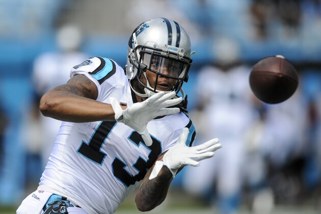 Carolina Panthers wide receiver Kelvin Benjamin (13) warms up prior to an NFL football game against the Buffalo Bill in Charlotte, N.C., Sunday, Sept. 17, 2017. (AP Photo/Mike McCarn)