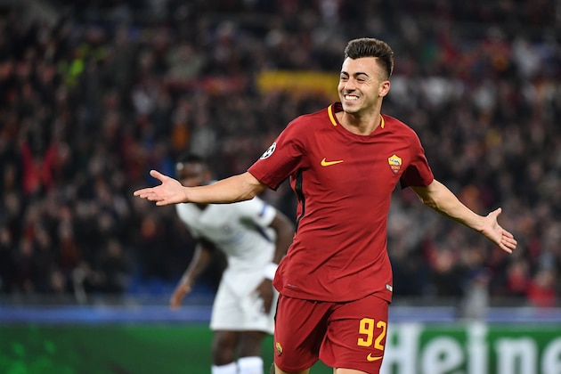 Roma's Italian striker Stephan El Shaarawy celebrates after scoring a second goal during the UEFA Champions League football match AS Roma vs Chelsea on October 31, 2017 at the Olympic Stadium in Rome.  / AFP PHOTO / Alberto PIZZOLI        (Photo credit should read ALBERTO PIZZOLI/AFP/Getty Images)