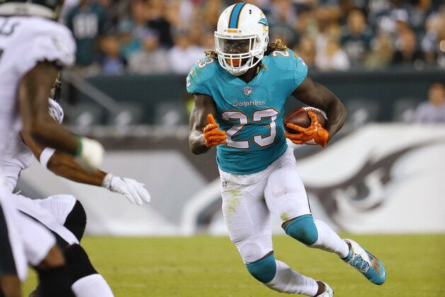 Miami Dolphins running back Jay Ajayi runs against the Philadelphia Eagles during an NFL preseason football game at Lincoln Financial Field in Philadelphia, Thursday, Aug. 24, 2017. (Winslow Townson/AP Images for Panini)