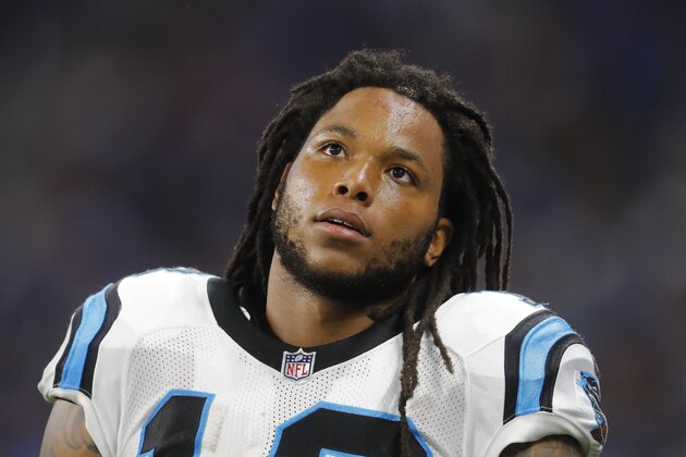 Carolina Panthers wide receiver Kelvin Benjamin (13) watches against the Detroit Lions during an NFL football game in Detroit, Sunday, Oct. 8, 2017. (AP Photo/Paul Sancya)