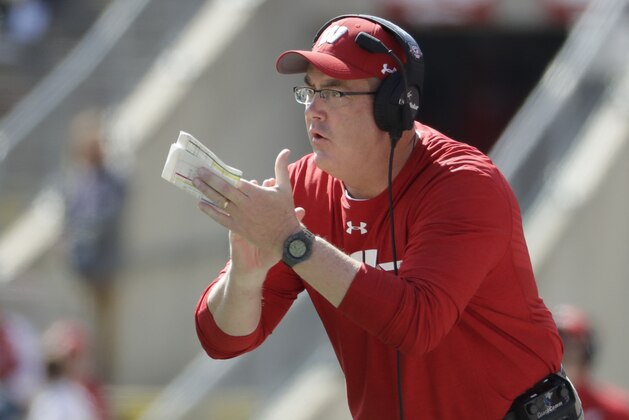 Wisconsin head coach Paul Chryst claps during the first half of an NCAA college football game against Florida Atlantic Saturday, Sept. 9, 2017, in Madison, Wis. (AP Photo/Morry Gash)