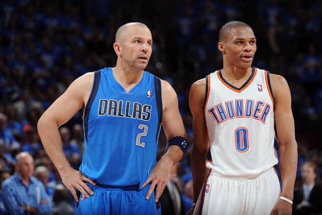 OKLAHOMA CITY, OK - APRIL 28:  A close up shot of Jason Kidd #2 of the Dallas Mavericks and Russell Westbrook #0 of the Oklahoma City Thunder in Game One of the Western Conference Quarterfinals during the 2012 NBA Playoffs on April 28, 2012 at the Chesapeake Energy Arena in Oklahoma City, Oklahoma. NOTE TO USER: User expressly acknowledges and agrees that, by downloading and/or using this Photograph, user is consenting to the terms and conditions of the Getty Images License Agreement. Mandatory Copyright Notice: Copyright 2012 NBAE (Photo by Garrett W. Ellwood/NBAE via Getty Images)