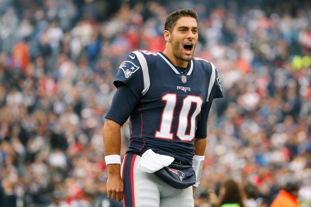 FOXBORO, MA - OCTOBER 29:  Jimmy Garoppolo #10 of the New England Patriots reacts before a game against the Los Angeles Chargers at Gillette Stadium on October 29, 2017 in Foxboro, Massachusetts.  (Photo by Jim Rogash/Getty Images)