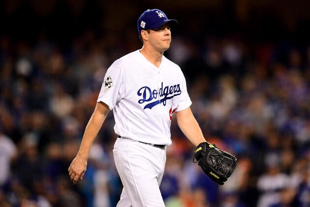 LOS ANGELES, CA - OCTOBER 31:  Rich Hill #44 of the Los Angeles Dodgers walks to the dugout as he is relieved during the fifth inning against the Houston Astros in game six of the 2017 World Series at Dodger Stadium on October 31, 2017 in Los Angeles, California.  (Photo by Harry How/Getty Images)