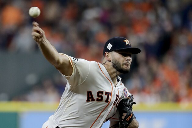 FILE - In this Oct. 27, 2017, file photo, Houston Astros starting pitcher Lance McCullers Jr. throws against the Los Angeles Dodgers during the first inning of Game 3 of baseball's World Series in Houston. McCullers headed into Game 6 of the World Series not knowing whether he would be attempting to close out a championship or starting Game 7 on Wednesday, Nov. 1. Several hours later, McCullers learned he will be on the mound for the biggest game in Astros history. (AP Photo/Matt Slocum, File)