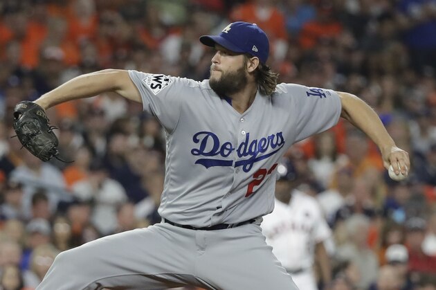 Los Angeles Dodgers starting pitcher Clayton Kershaw throws during the first inning of Game 5 of baseball's World Series against the Houston Astros Sunday, Oct. 29, 2017, in Houston. (AP Photo/David J. Phillip) Los Angeles Dodgers starting pitcher Clayton Kershaw throws during the first inning of Game 5 of baseball's World Series against the Houston Astros Sunday, Oct. 29, 2017, in Houston. (AP Photo/David J. Phillip)