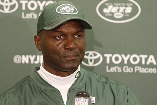 New York Jets head coach Todd Bowles talks to the media after an NFL football game between the Jets and the Cleveland Browns, Sunday, Oct. 8, 2017, in Cleveland. (AP Photo/Ron Schwane)