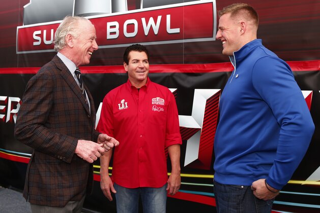 IMAGE DISTRIBUTED FOR PAPA JOHN'S - Papa John's founder, chairman and CEO John Schnatter talks with Archie Manning and JJ Watt on Super Bowl 51 Radio Row, Thursday, Feb. 2, 2017, in Houston. (Photo by Jack Dempsey/Invision for Papa John's/AP Images)