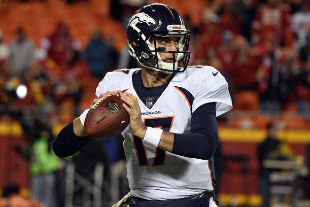 Denver Broncos quarterback Brock Osweiler (17) warms up before an NFL football game against the Kansas City Chiefs in Kansas City, Mo., Monday, Oct. 30, 2017. (AP Photo/Ed Zurga)