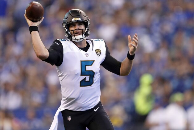 Jacksonville Jaguars quarterback Blake Bortles (5) throws against the Indianapolis Colts during the first half NFL football game in Indianapolis, Sunday, Oct. 22, 2017. (AP Photo/Jeff Roberson)