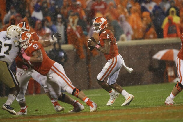 Clemson quarterback Kelly Bryant (2) drops back to pass in the first half of an NCAA college football game against Georgia Tech Saturday, Oct. 28, 2017, in Clemson, S.C. (AP Photo/John Bazemore)