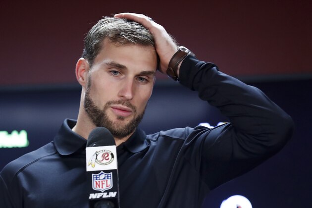 Washington Redskins quarterback Kirk Cousins answers reporters questions at a press conference after an NFL football game against the XXX in Landover, Md., Sunday, Oct. 29, 2017. The Dallas Cowboy defeated the Washington Redskins 33-19. (AP Photo/Alex Brandon)