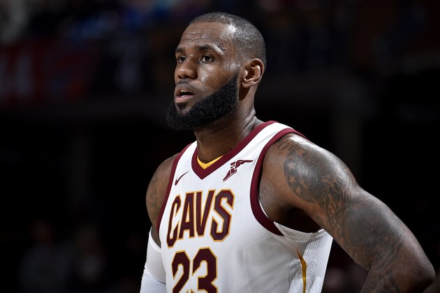 CLEVELAND, OH - OCTOBER 29: LeBron James #23 of the Cleveland Cavaliers reacts during the game against the New York Knicks  on October 29. 2017 at Quicken Loans Arena in Cleveland, Ohio. NOTE TO USER: User expressly acknowledges and agrees that, by downloading and/or using this Photograph, user is consenting to the terms and conditions of the Getty Images License Agreement. Mandatory Copyright Notice: Copyright 2017 NBAE  (Photo by David Liam Kyle/NBAE via Getty Images)