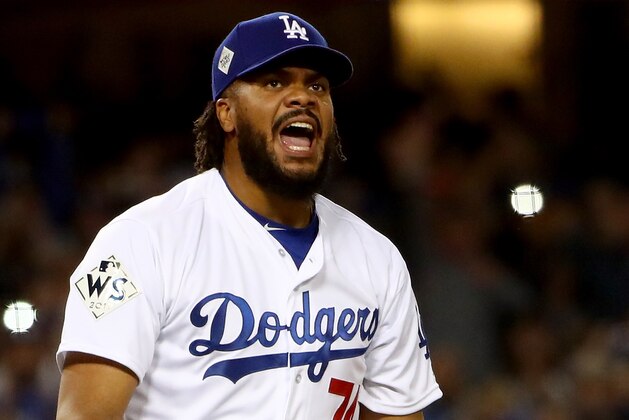 LOS ANGELES, CA - OCTOBER 31:  Kenley Jansen #74 of the Los Angeles Dodgers reacts after defeating the Houston Astros 3-1 in game six of the 2017 World Series at Dodger Stadium on October 31, 2017 in Los Angeles, California.  (Photo by Ezra Shaw/Getty Images)