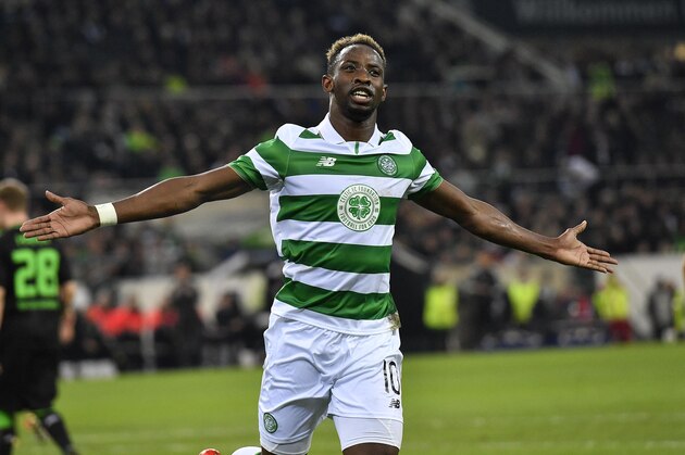 Celtic's Moussa Dembele celebrates after scoring a penalty during the Champions League group C soccer match between Borussia Moenchengladbach and Celtic FC in Moenchengladbach, Germany, Tuesday, Nov. 1, 2016. (AP Photo/Martin Meissner)