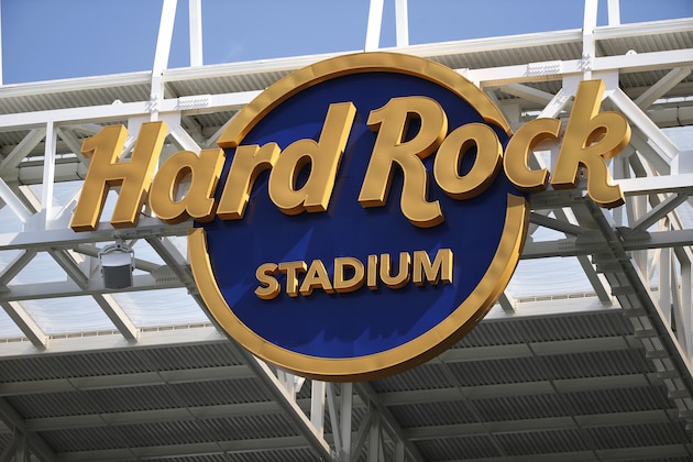 The Hard Rock Stadium logo during the second half of an NFL football game between the Miami Dolphins and the Tennessee Titans, Sunday, Oct. 8, 2017, in Miami Gardens, Fla. (AP Photo/Wilfredo Lee)